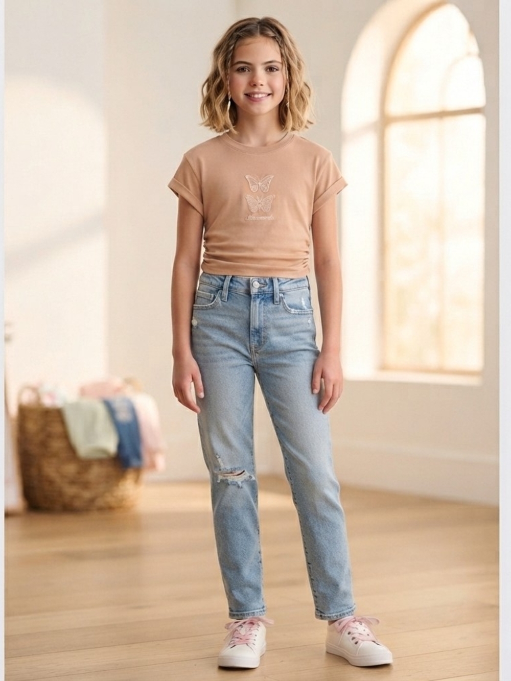 Abercrombie Girls Butterfly Graphic Ruched Side Tee